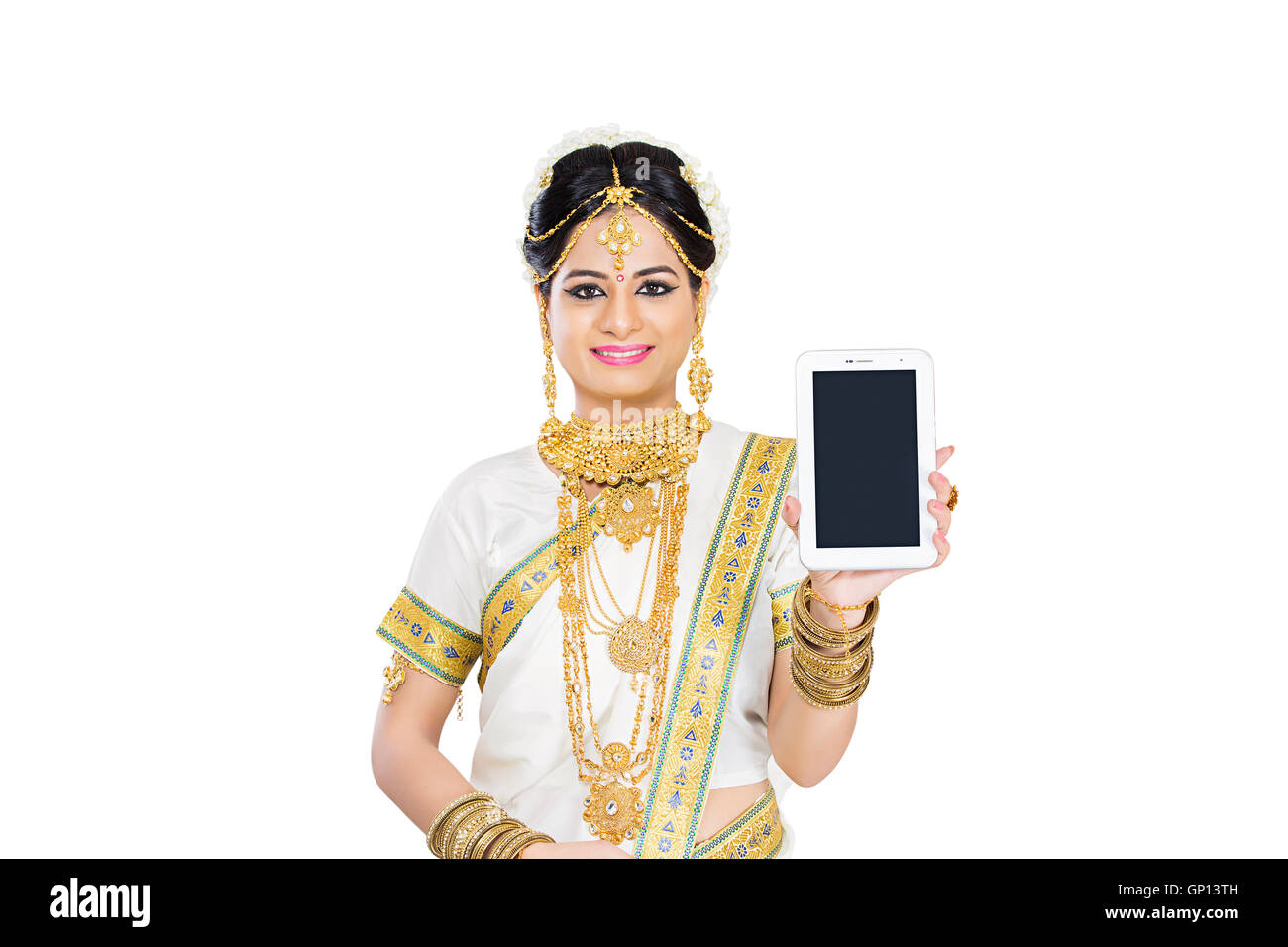 1 Bella Sposa adulti Malayalee donna Diwali telefono mobile che mostra di qualità Foto Stock