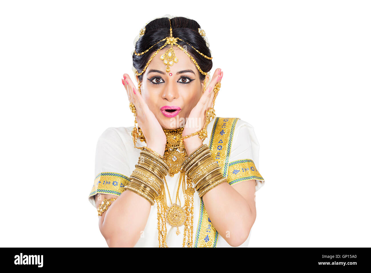 1 Bella Sposa adulti Malayalee donna Diwali offrono la faccia sorpresa di espressione Foto Stock