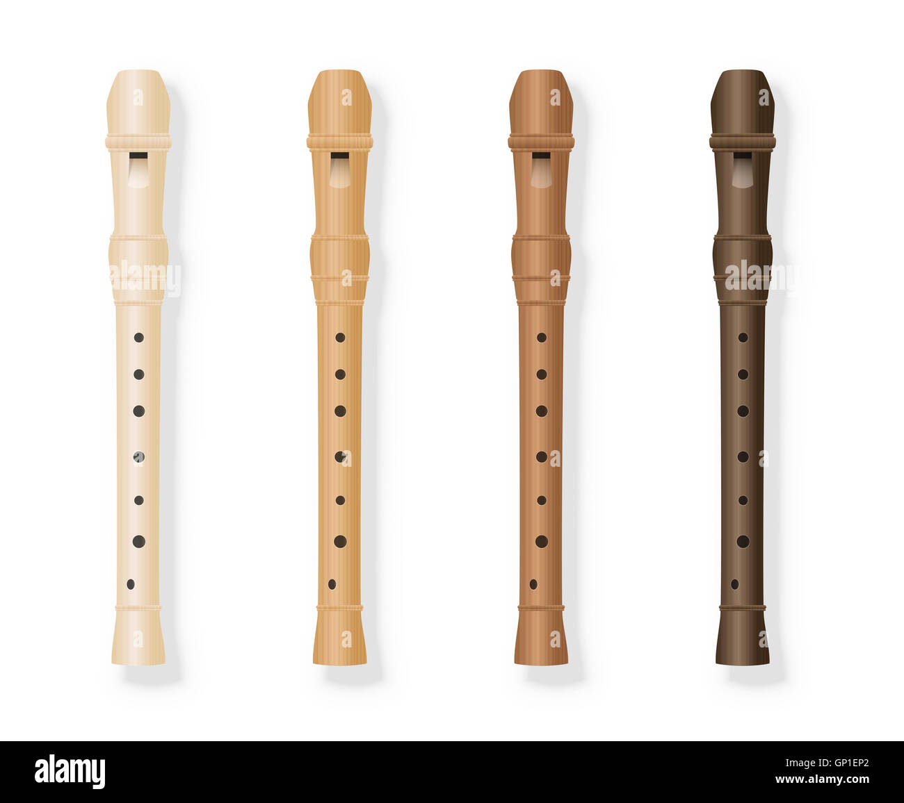 Variazioni di registratore - quattro fipple flauti in vari tipi di legno. Immagine su sfondo bianco. Foto Stock