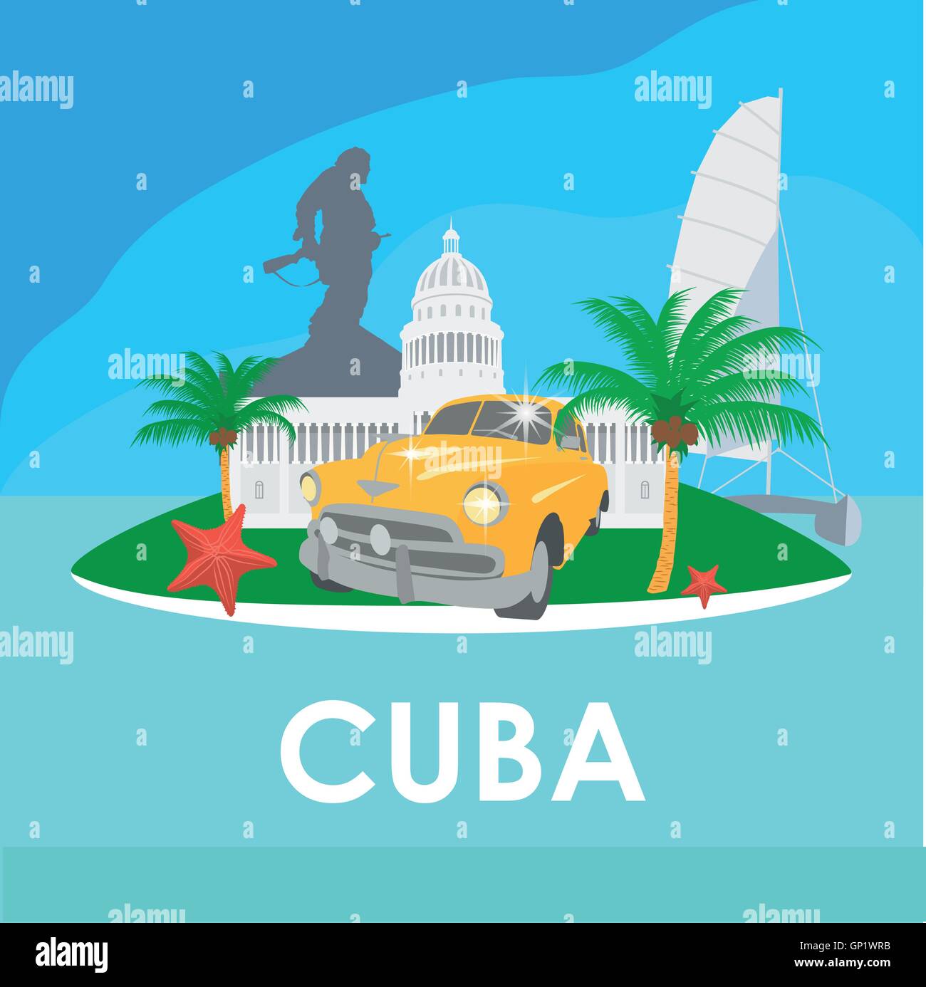 Viaggi a Cuba simboli - Capitol, vecchia auto, palme, stelle marine, Che Guevara monumento Illustrazione Vettoriale