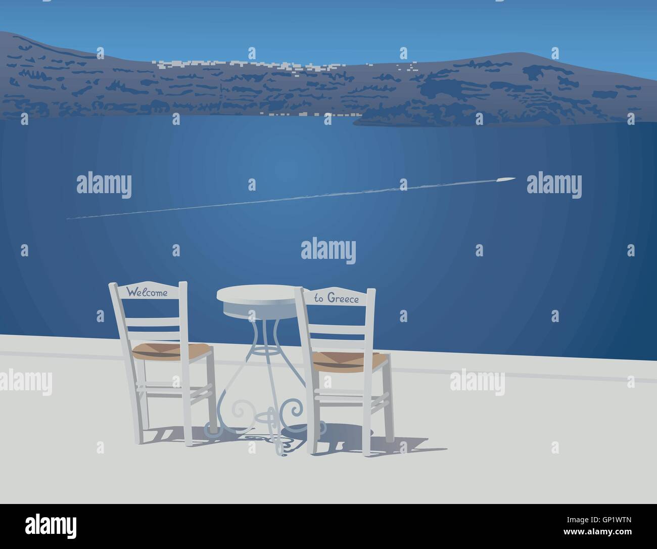 Due sedie bianche e tabella trivet sorge sulla vista sulla caldera tarrace a Santorini Island, Grecia, illustrazione vettoriale Illustrazione Vettoriale