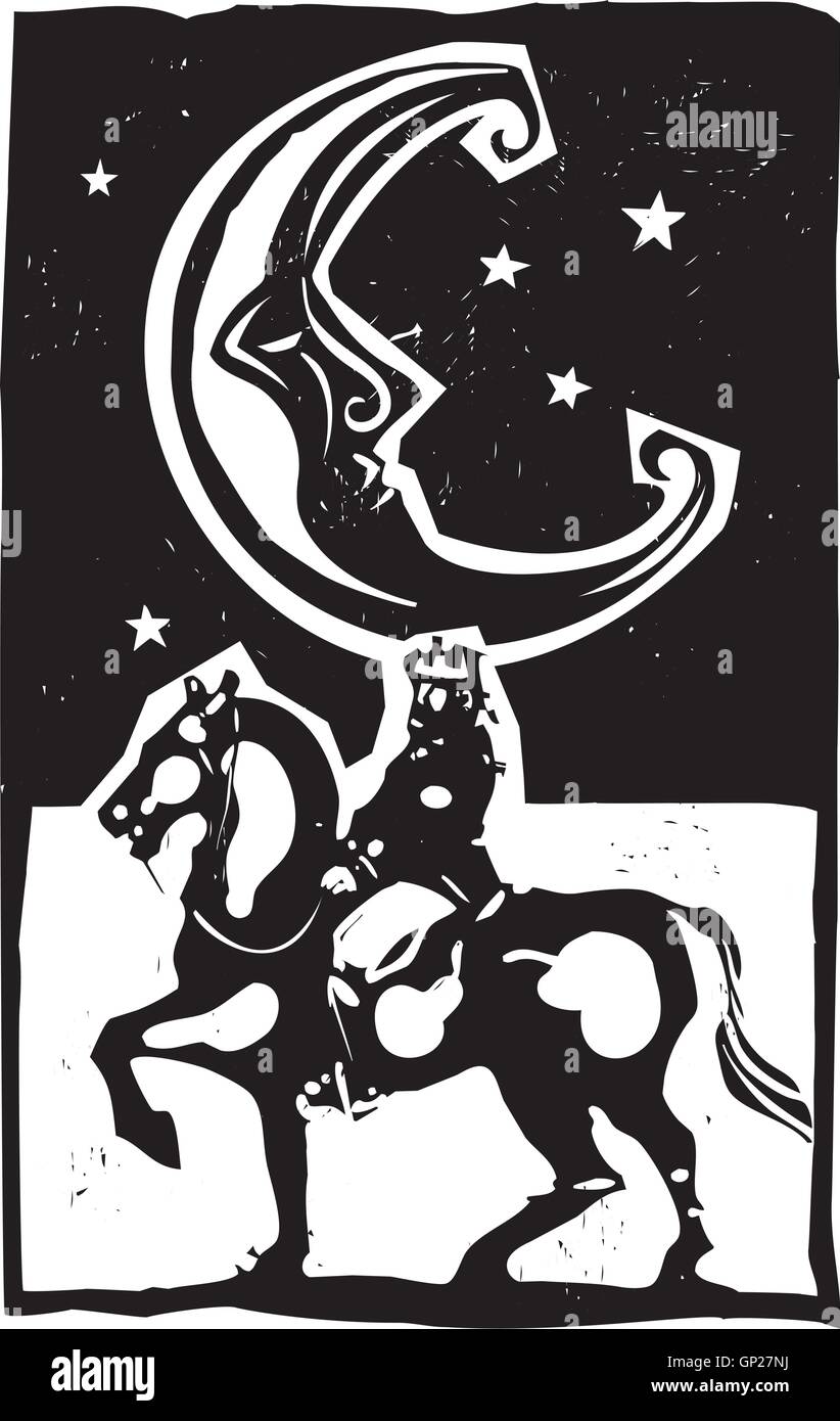 Xilografia style luna e re montato su un cavallo Illustrazione Vettoriale