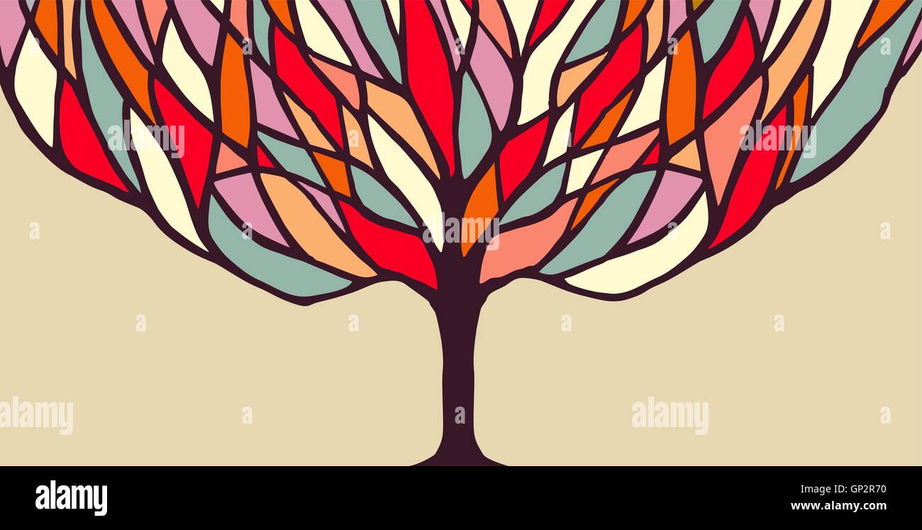 Concept Tree design banner con rami colorati, natura astratta arte ideale per illustrazione di diversità o di ecologia consapevolezza pro Illustrazione Vettoriale