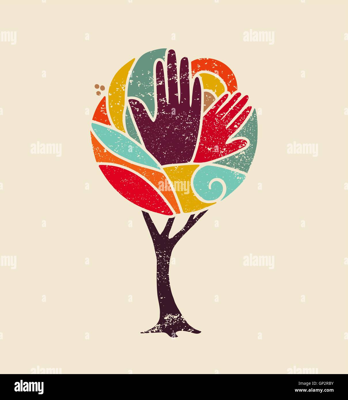 Colorato concetto grunge tree arte con mani di persone e natura design per diversità sociale, ambiente di aiuto. EPS10 vettore. Illustrazione Vettoriale