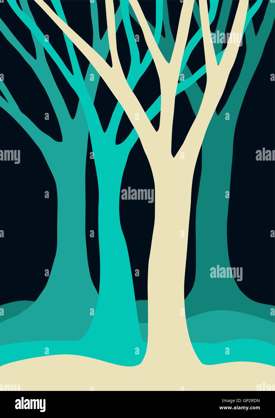 Gruppo di vuoto sagome ad albero con rami in colori blu, natura paesaggio illustrazione. EPS10 vettore. Illustrazione Vettoriale