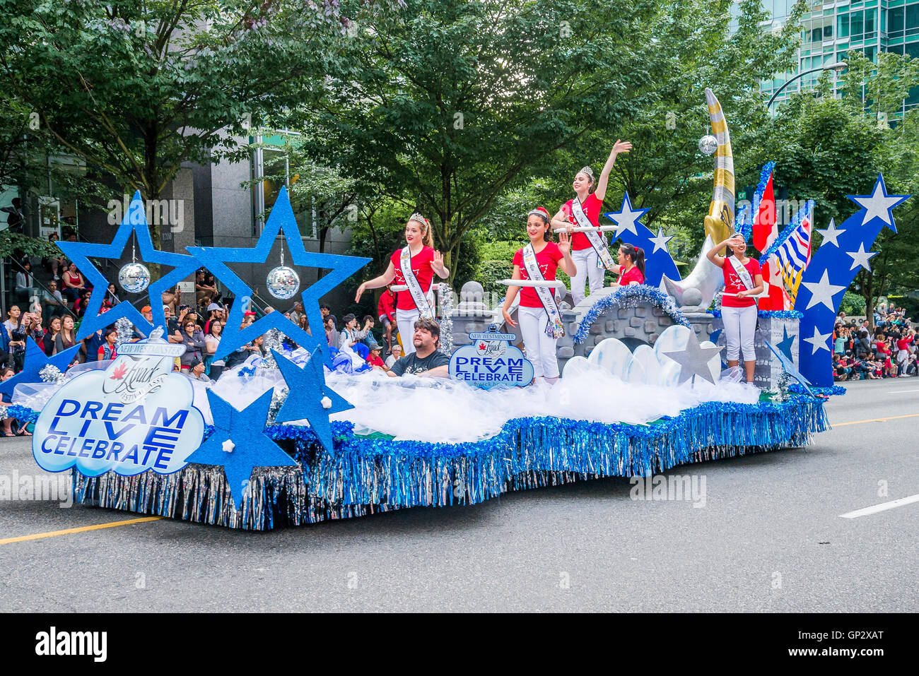 Hyack galleggiante, Canada parata del giorno, del centro cittadino di Vancouver, British Columbia, Canada Foto Stock