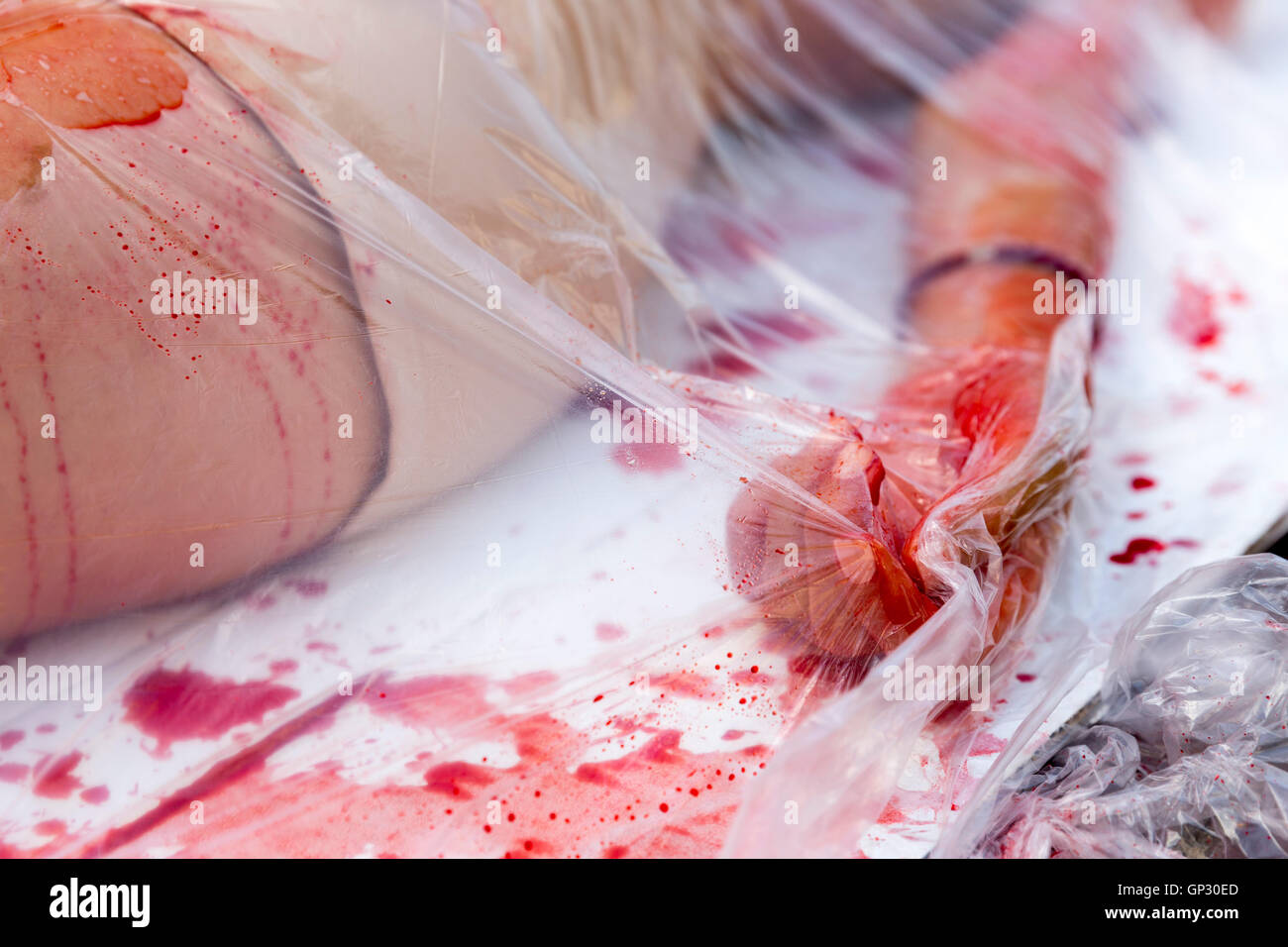 I vegani e vegetariani di attivisti per i diritti degli animali stessi coperto di sangue e avvolto stessi nel confezionamento di carne che protestavano a Foto Stock