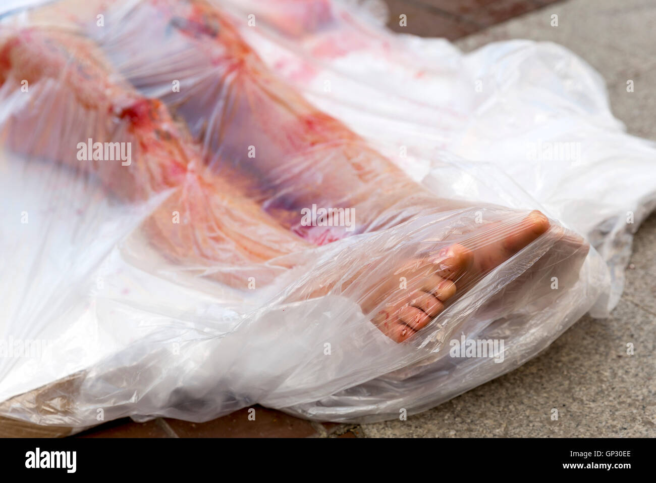 I vegani e vegetariani di attivisti per i diritti degli animali stessi coperto di sangue e avvolto stessi nel confezionamento di carne che protestavano a Foto Stock