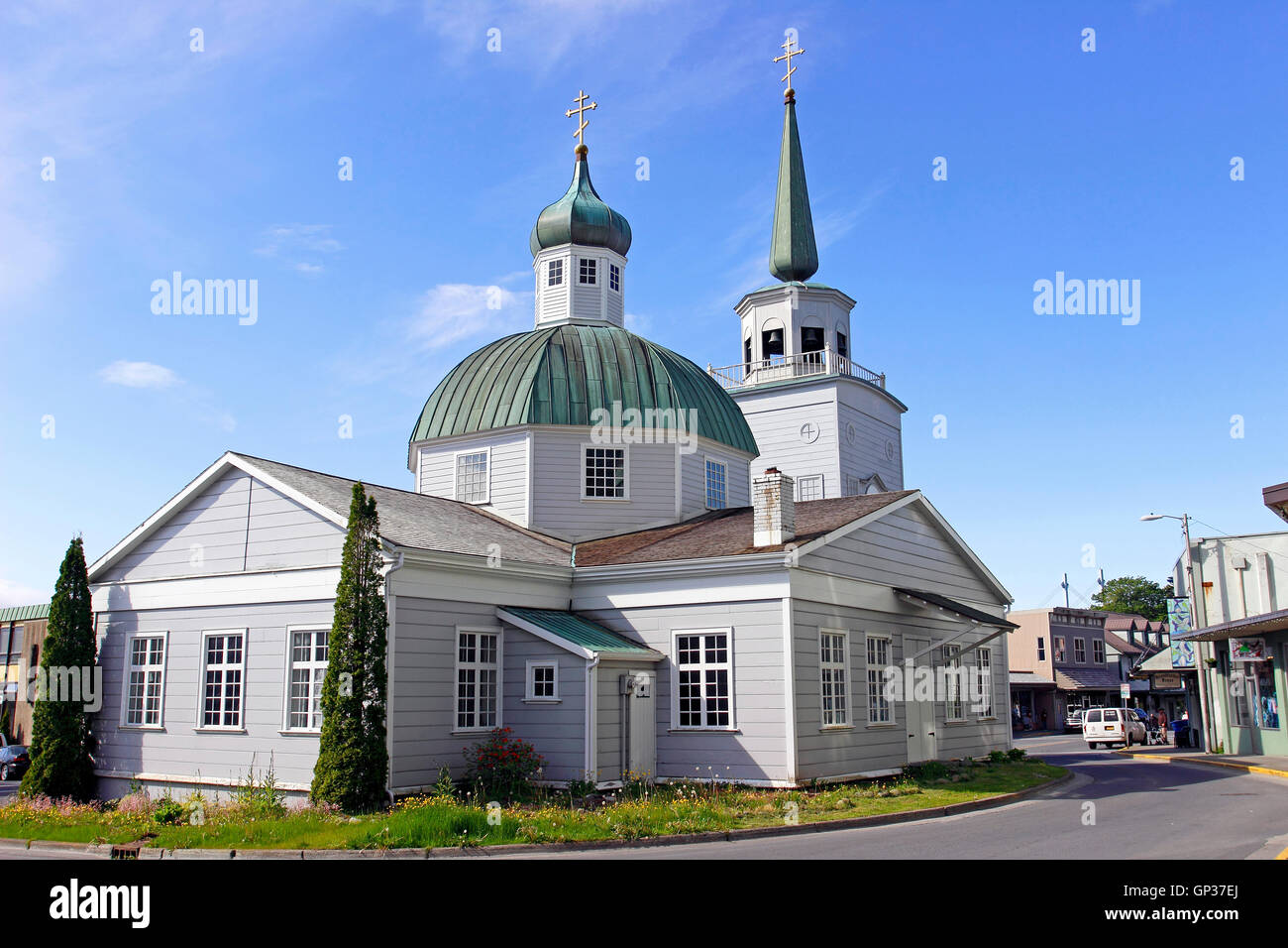 La cupola e il campanile cross St. Michael's Chiesa Russa Ortodossa Cattedrale Sitka Alaska all'interno del passaggio a sud-est di Alaska USA Foto Stock