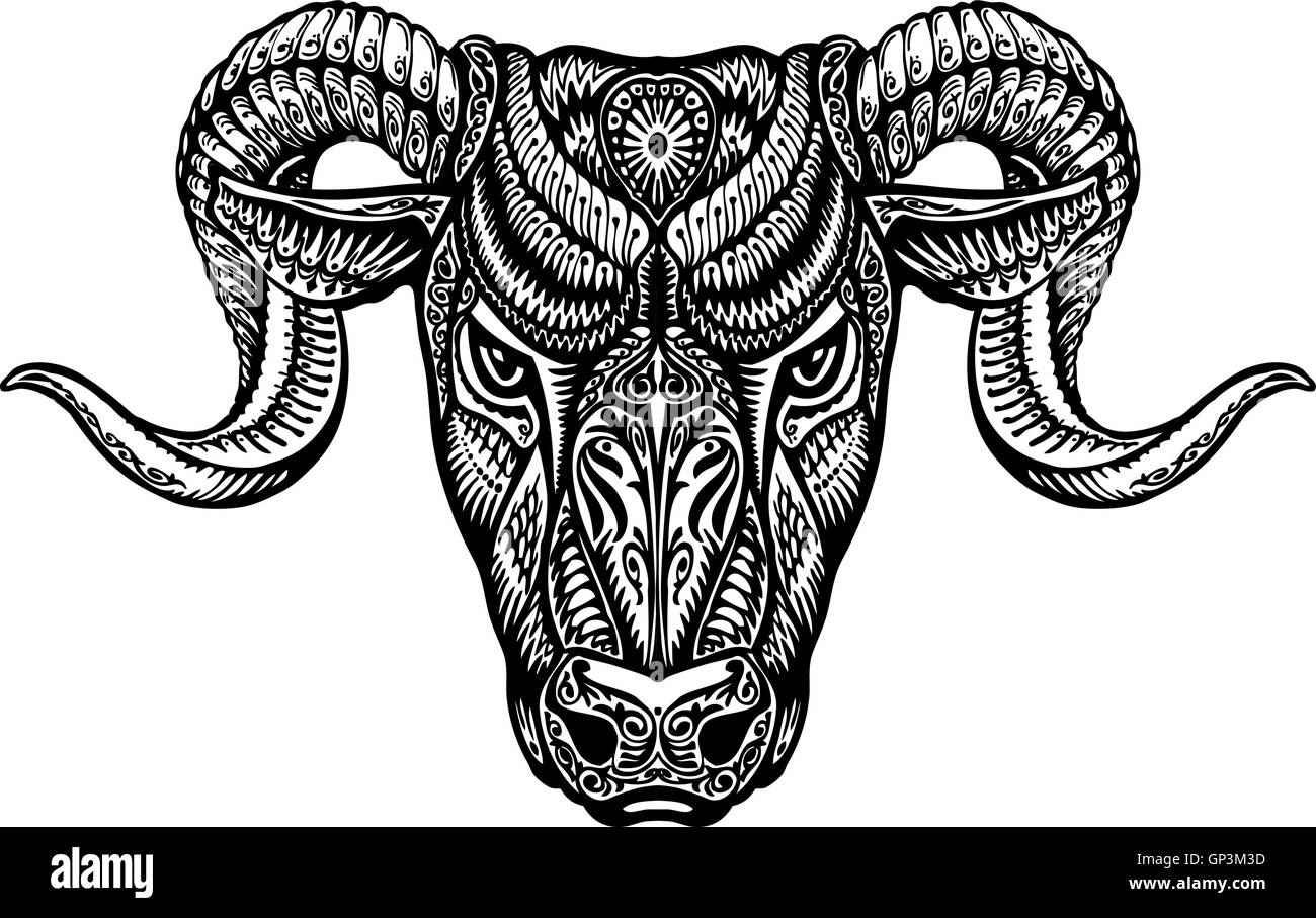 Disegnato a mano ram di testa. Motivi etnici. Bull o icona animale. Illustrazione Vettoriale Illustrazione Vettoriale