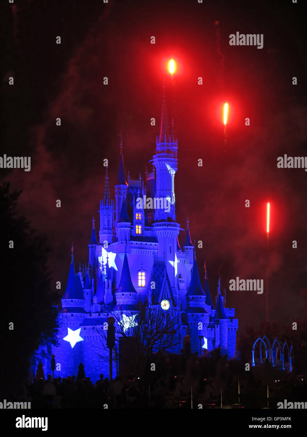 Orlando, Florida. Febbraio 19th, 2013. Il Walt Disney World Cenerentola Castello nel Magic Kingdom illuminato e con fuochi d'artificio Foto Stock