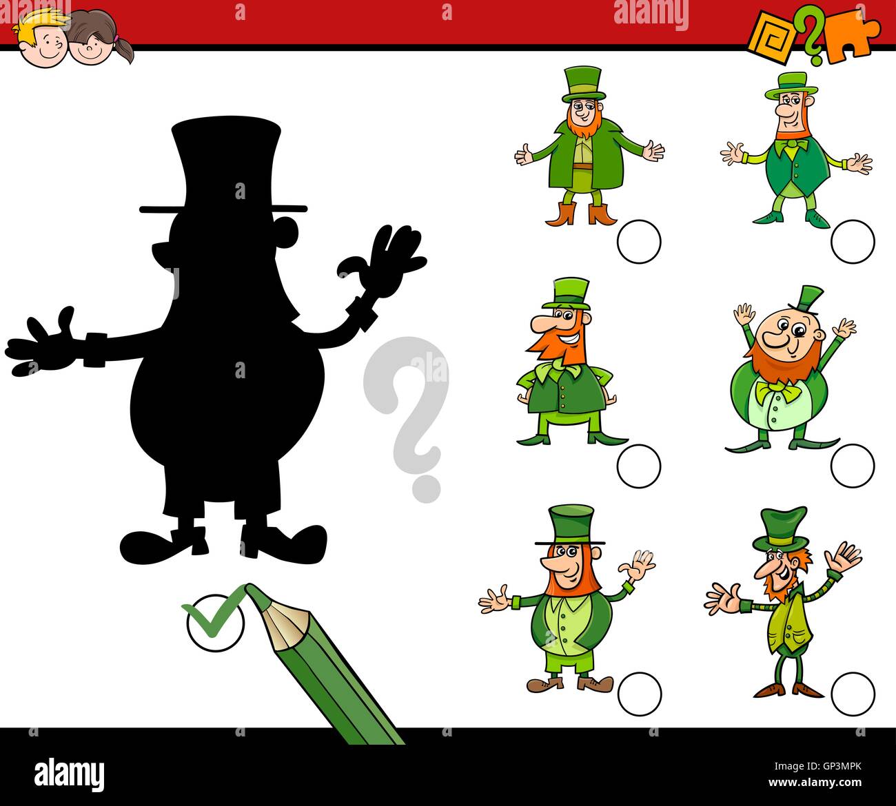 Illustrazione del fumetto di Educational ombra Attività Attività per bambini con caratteri Leprechaun Illustrazione Vettoriale