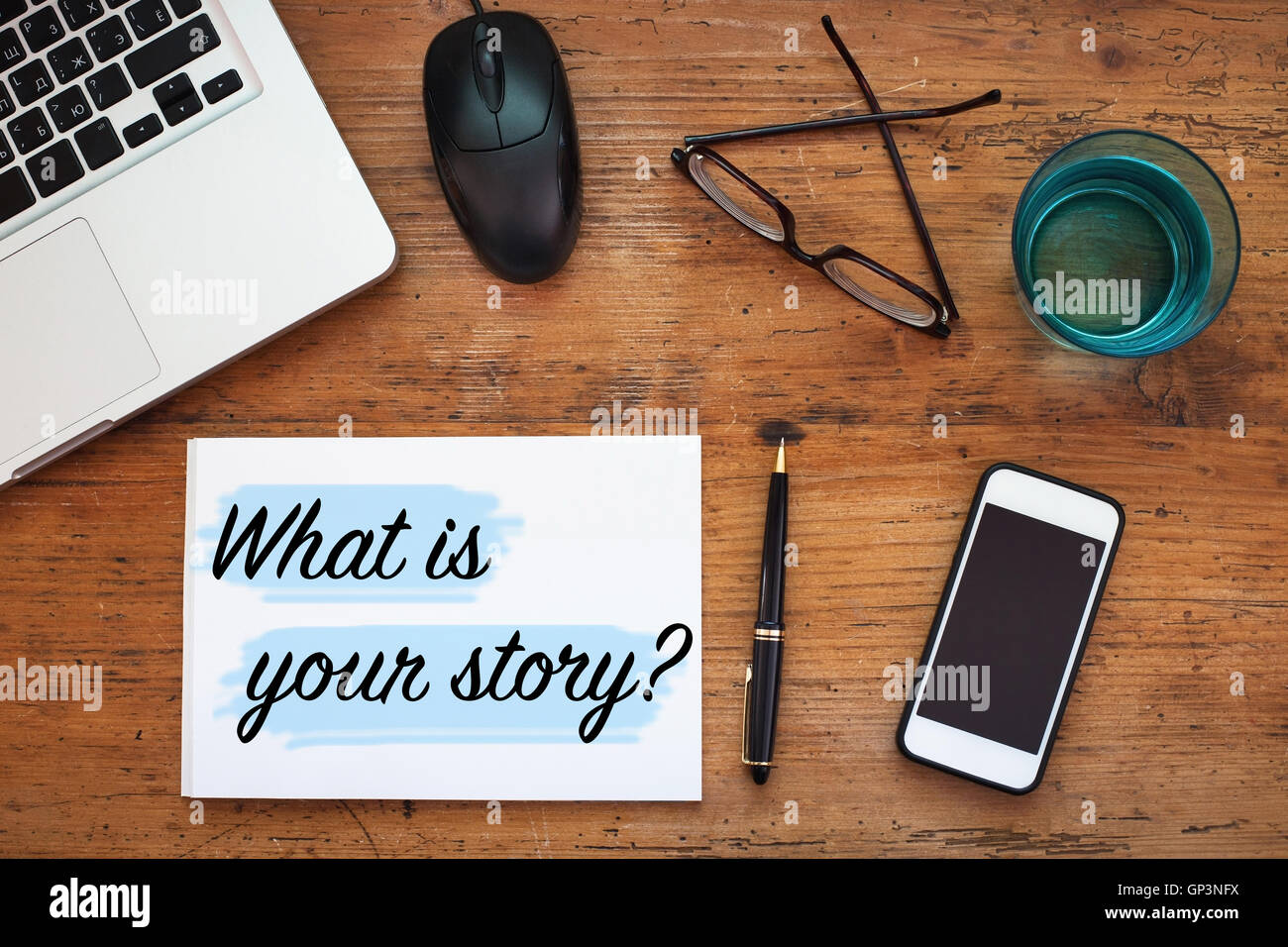 Qual è la vostra storia, questione segno, messaggio nota nel blocco note Foto Stock
