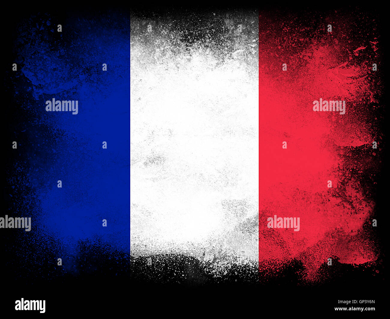 Vernice in polvere che esplodono in colori della bandiera della Francia isolati su sfondo nero. Abstract Esplosione particelle di polvere colorata. Foto Stock