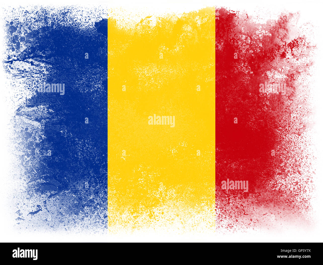 Vernice in polvere che esplodono in colori della bandiera della Romania isolati su sfondo bianco. Abstract Esplosione particelle di polvere colorata. Foto Stock