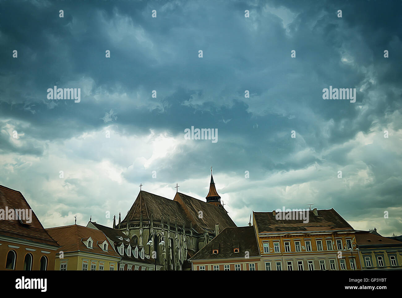 Immagine delle vecchie case medievali al di sopra di un cielo nuvoloso nel centro storico della città di Brasov. Foto Stock
