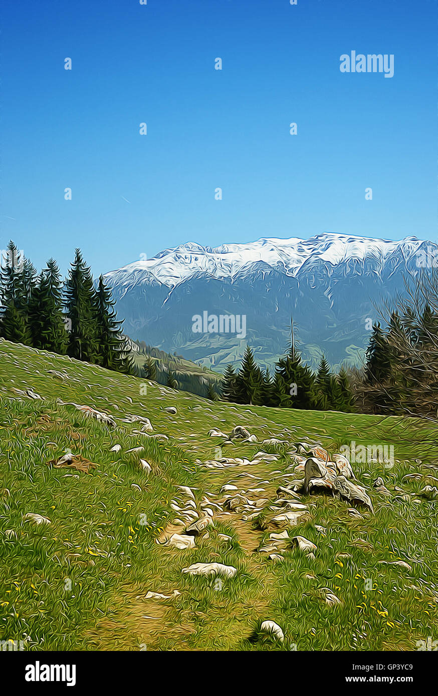 Illustrazione dei monti in una soleggiata giornata di primavera con un cielo blu chiaro Foto Stock