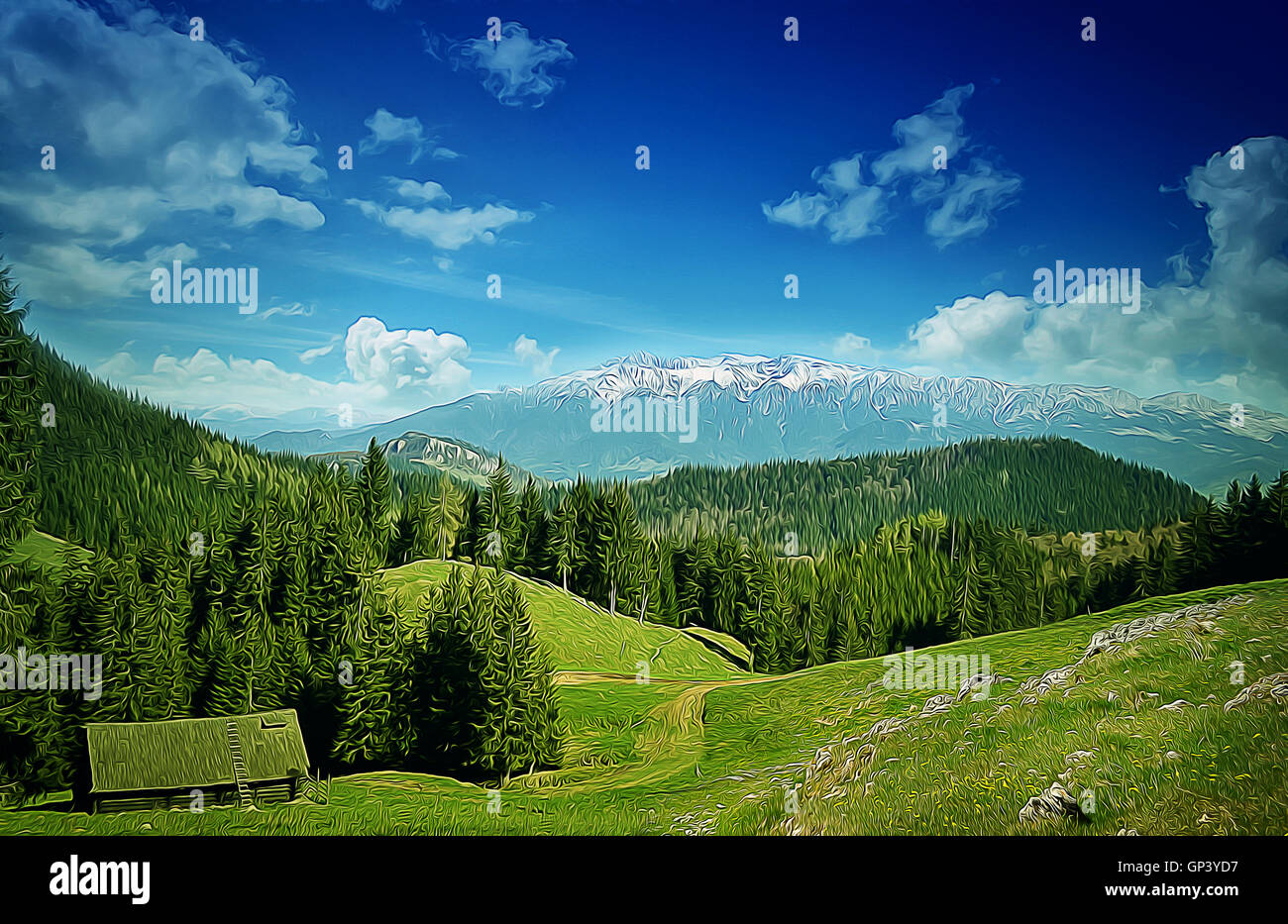 Illustrazione di Spring Mountain Valley con una solitaria casa nel centro di un bosco di abeti. Giornata di sole, il prato verde e bianco mounta Foto Stock