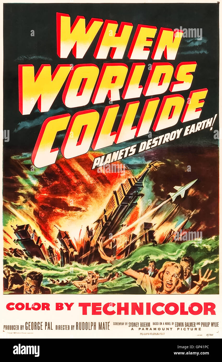 Quando i mondi si scontrano (1951) diretto da Rudolph Maté e interpretato da Richard Derr, Barbara Rush e Peter Hansen. Una canaglia a stella e pianeta su una rotta di collisione con la terra porta un piccolo gruppo insieme per costruire un razzo e fuggire verso il nuovo mondo. Foto Stock