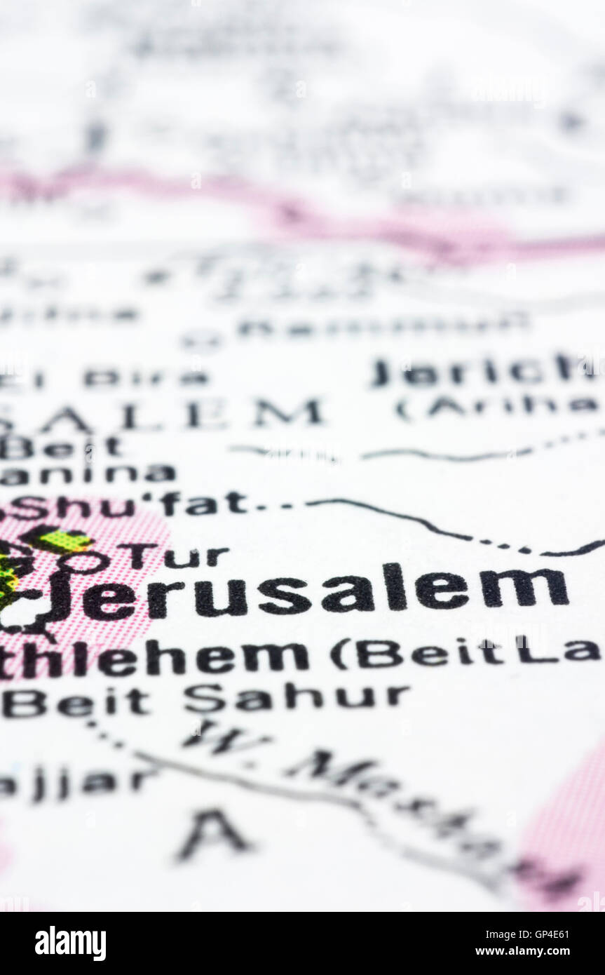 Close up di Gerusalemme sulla mappa, Israele Foto Stock