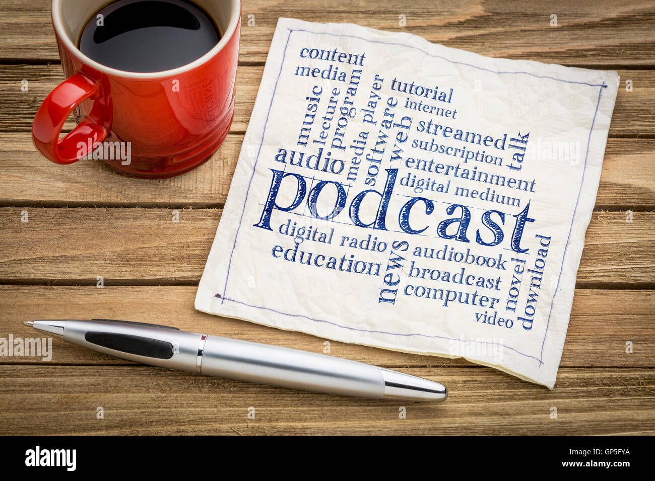 Parola podcast cloud su un tovagliolo una tazza di caffè - internet concetto di radiodiffusione Foto Stock