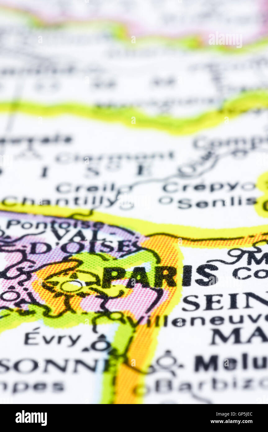 Close up di Parigi sulla mappa, Francia Foto Stock