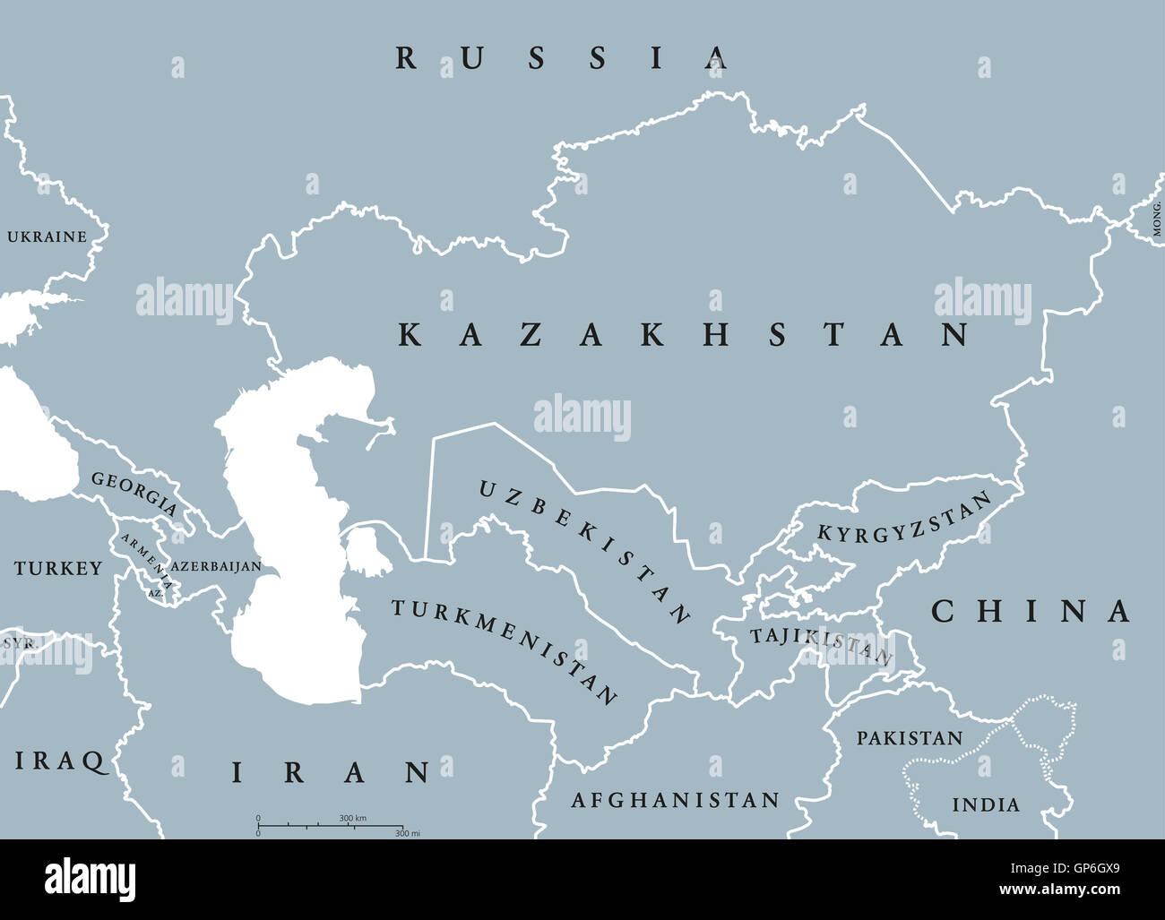 Caucaso e Asia centrale paesi mappa politico con i confini nazionali. Etichetta inglese. Illustrazione. Foto Stock