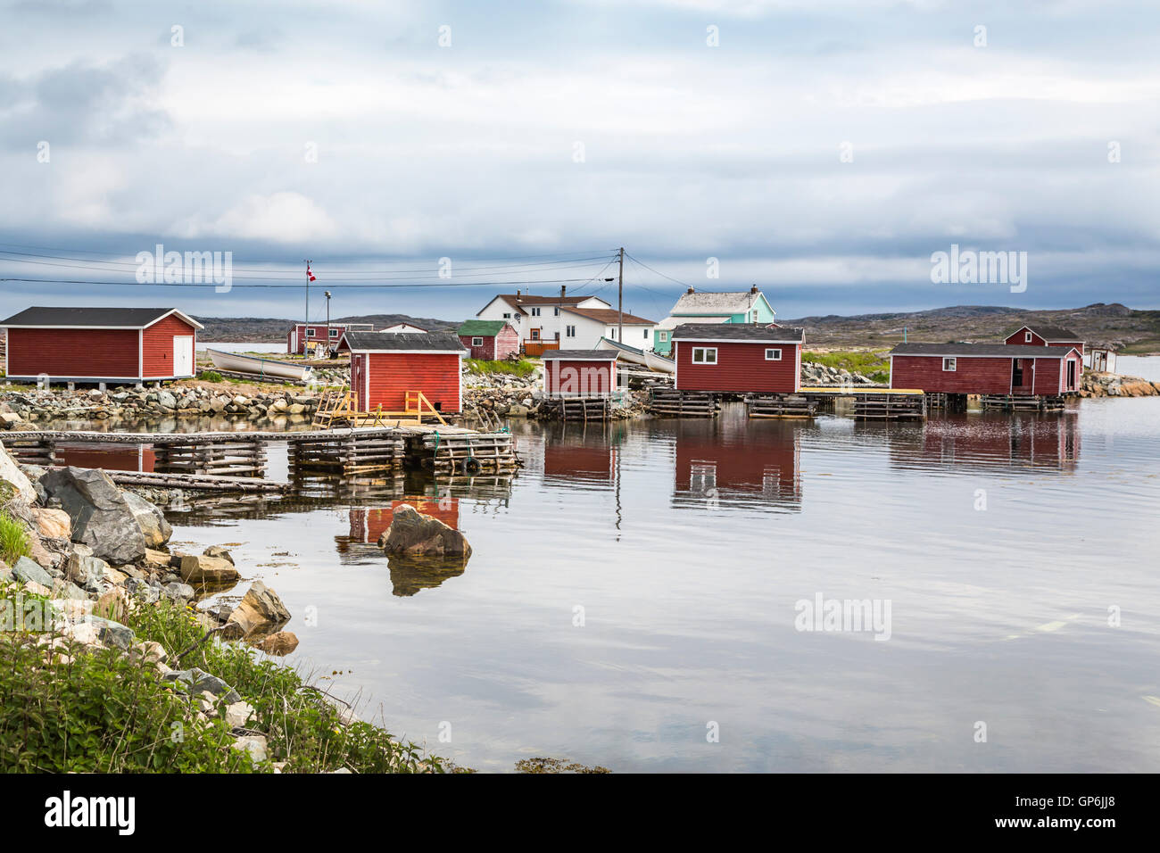 Barche da pesca e stadi nel porto di Joe Batt's Arm-Barr'd Islands-Shoal Bay, Terranova e Labrador, Canada. Foto Stock