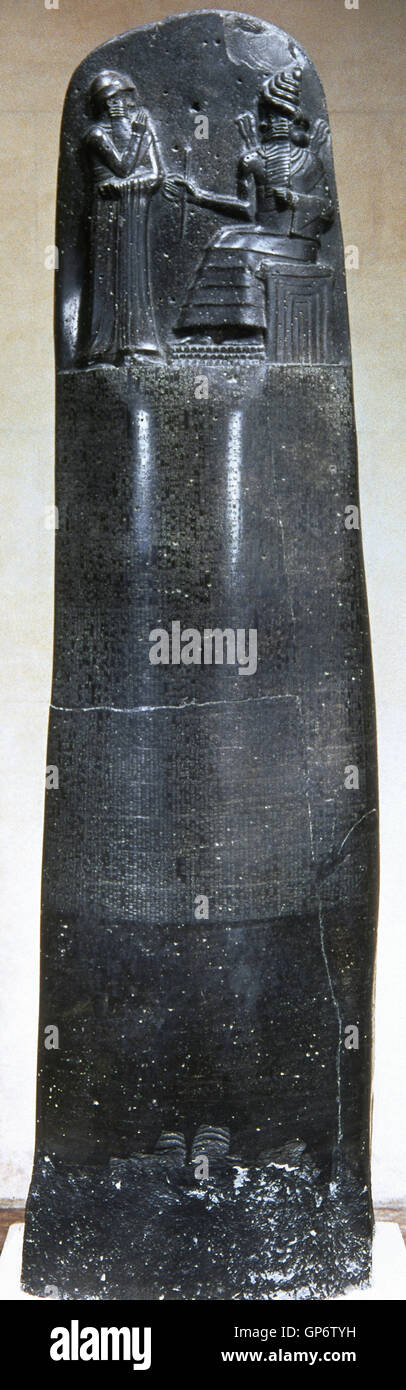 Mesopotamia. Codice di Hammurabi. Diritto babilonese codice. 1754 BC. Lingua accadica. Il cuneiforme script. Il museo del Louvre. Parigi. La Francia. Foto Stock
