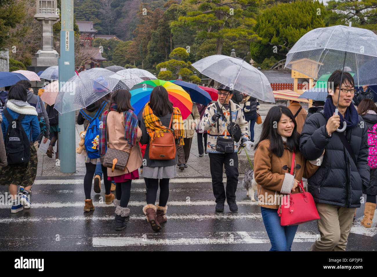 Pedoni che attraversano road a Kamakura, Giappone Foto Stock