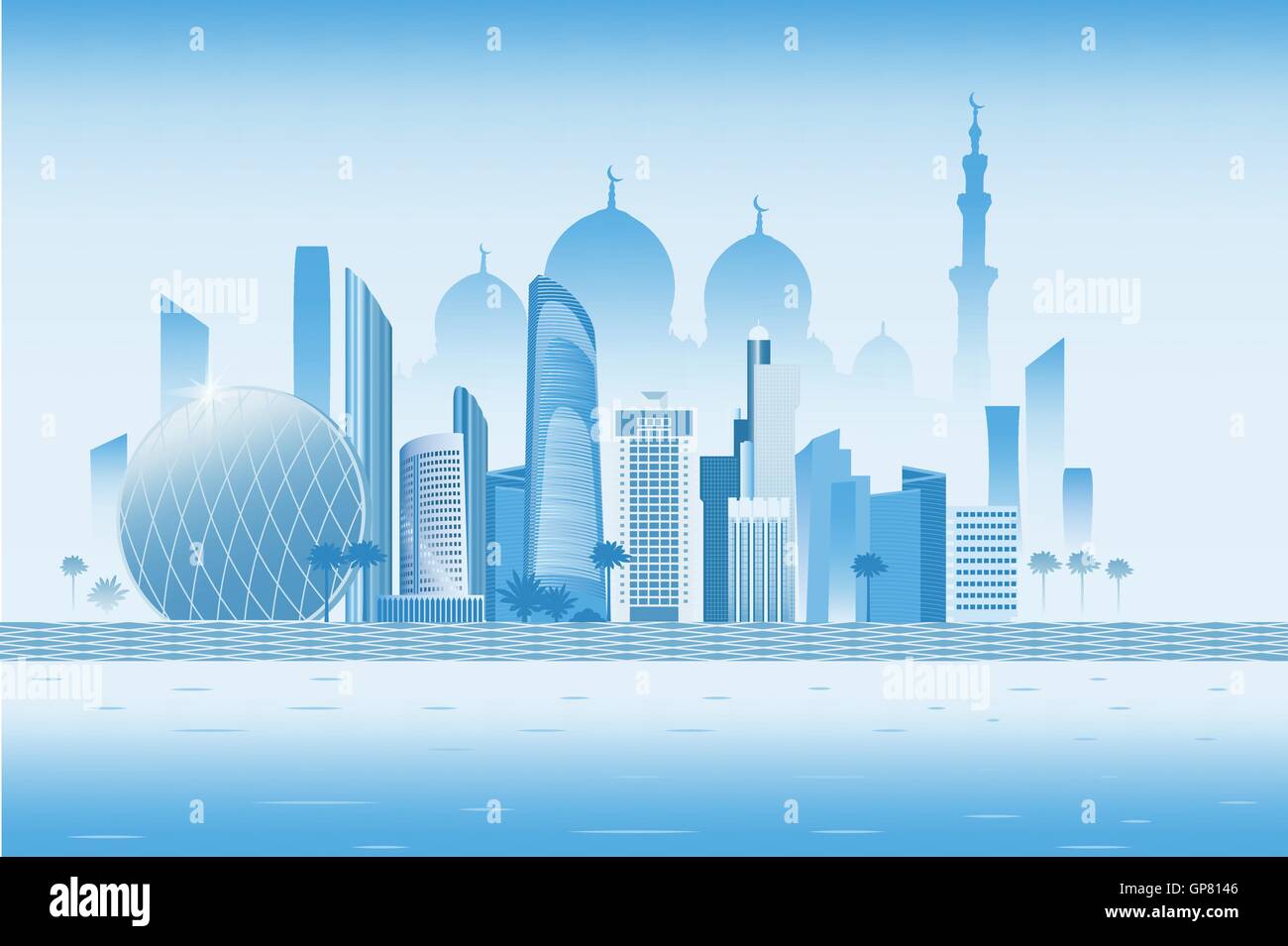 Abu-Dhabi cityscape con grattacieli e moschea bianca illustrazione vettoriale Illustrazione Vettoriale