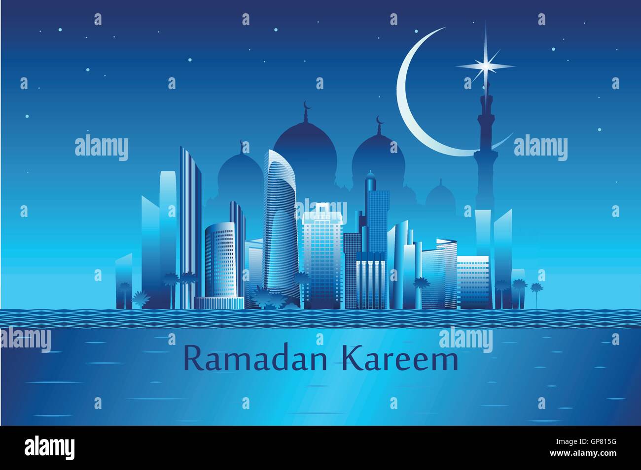 Il Ramadan kareem significato "Il Ramadan è generoso' messaggio sul paesaggio urbano Abu-Dhabi con grattacieli e moschea bianca illustr vettore Illustrazione Vettoriale