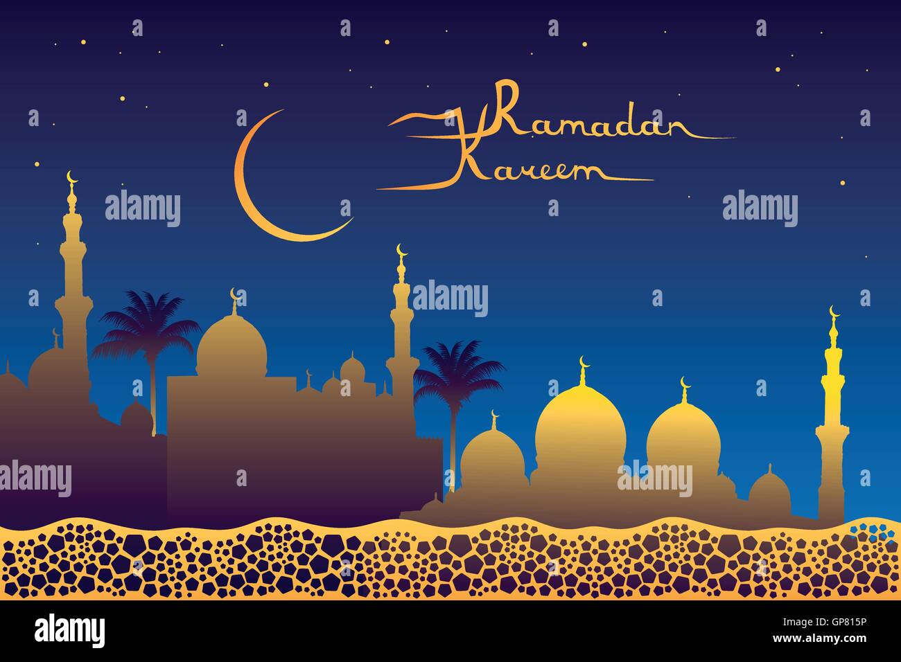 Il Ramadan kareem significato "Il Ramadan è generoso" messaggio, moschea dorata silhouette, luna e stelle del cielo notturno e pentagoni patte Illustrazione Vettoriale
