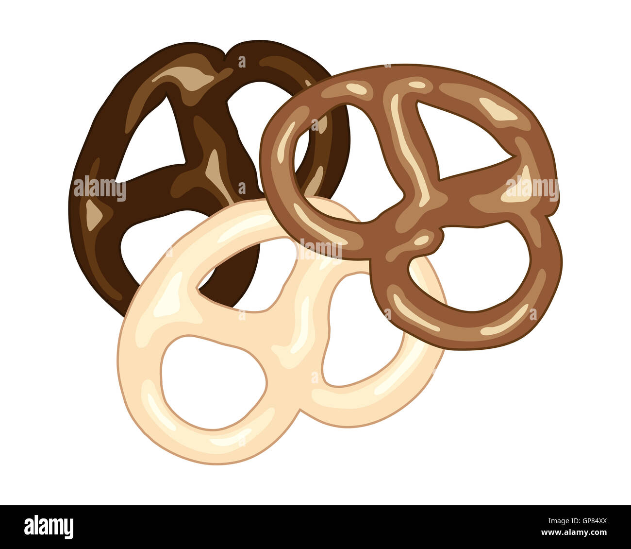 Una illustrazione di dark latte e cioccolato bianco coperto pretzel spuntini su uno sfondo bianco nel formato di annuncio Foto Stock