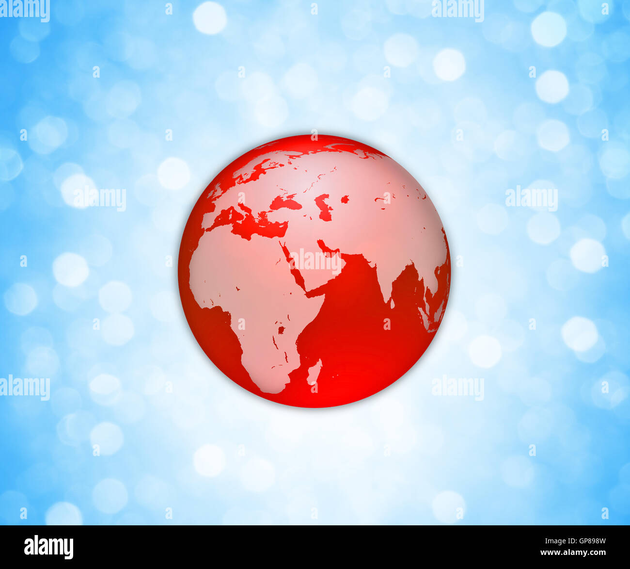 Colore rosso icona a forma di globo con la mappa del mondo su un blu sfondo bokeh di fondo. Foto Stock