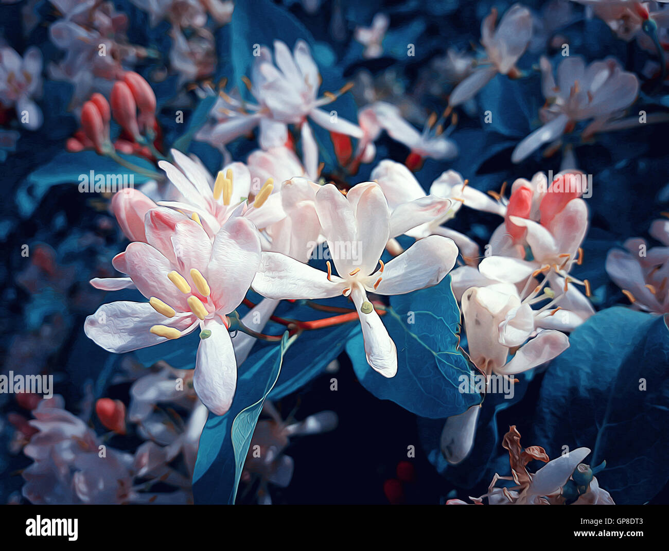 Illustrazione di fiori di colore rosa con foglie di colore blu Foto Stock