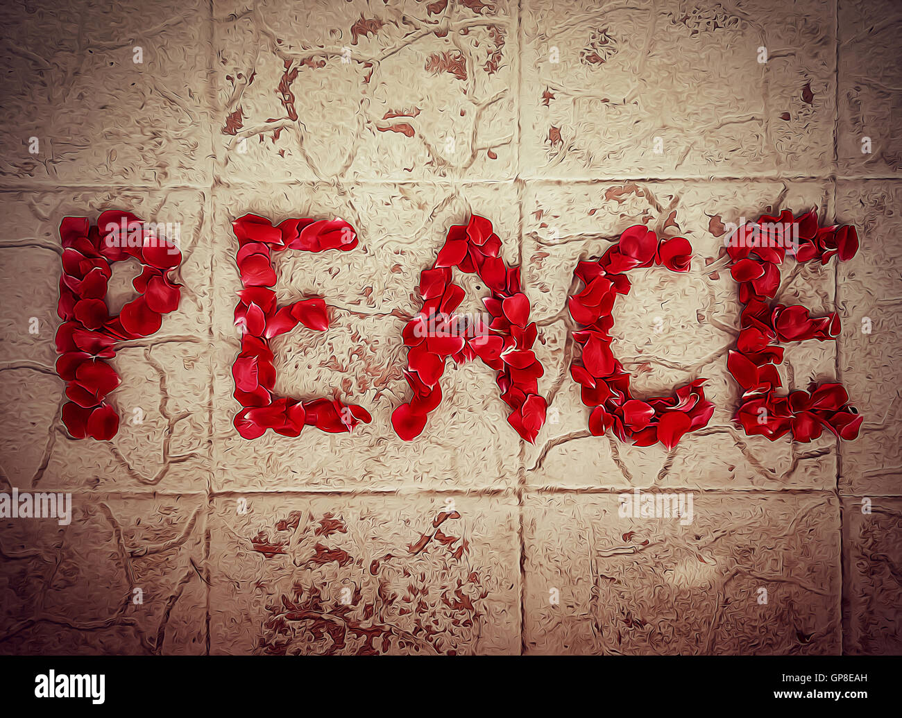 Illustrazione della parola pace da red petali di rosa su un vecchio texture Foto Stock