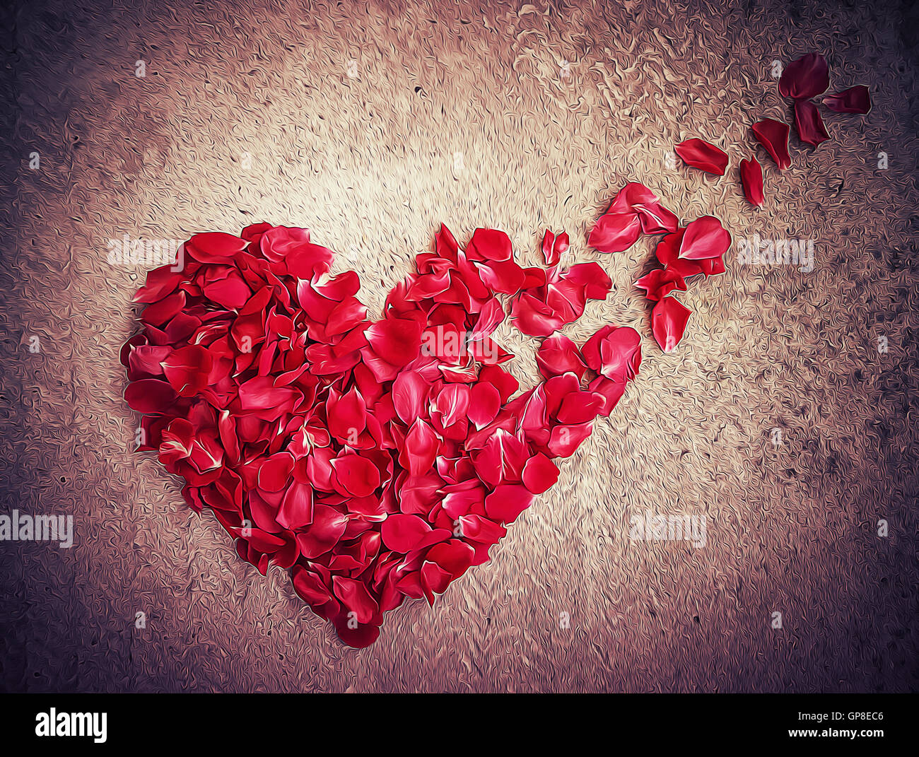Illustrazione di petali di rosa disposti in forma di un cuore spezzato. La disgregazione del concetto, la separazione e il divorzio e la relativa icona. Simbolo della medical Foto Stock