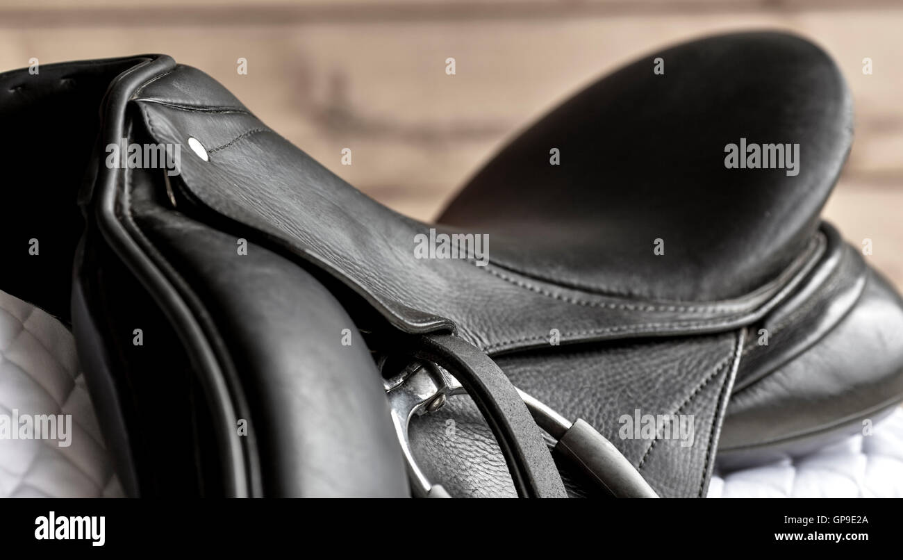 Usato il nero dressage equitazione sella con sella bianco pad e profondità di campo Foto Stock