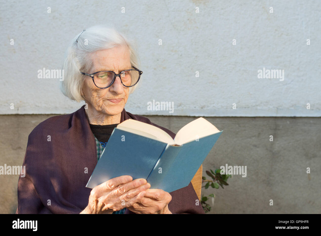 Senior donna la lettura di un libro blu all'aperto Foto Stock
