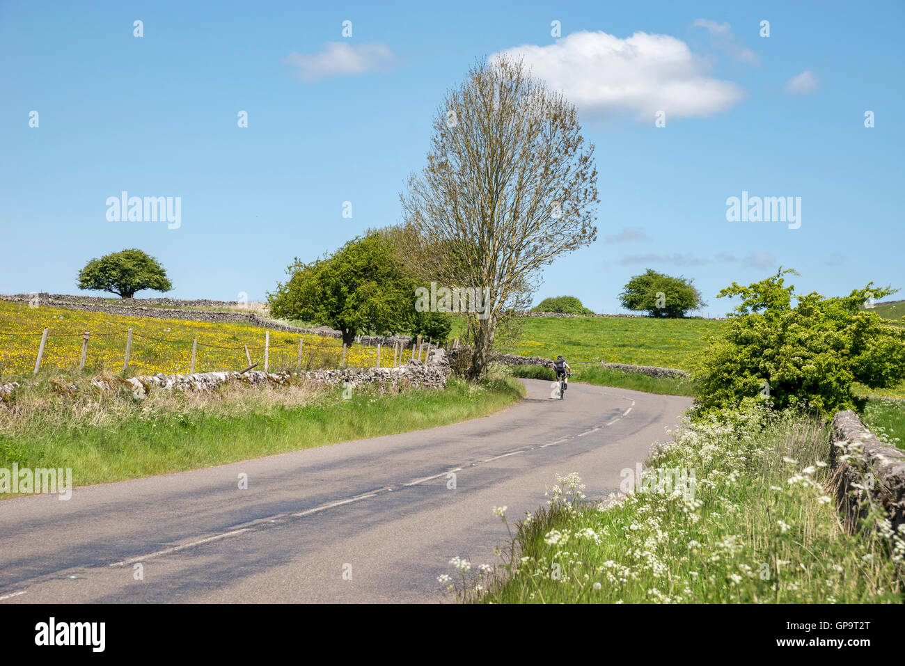 Ciclista su strada di un paese su una bella giornata d'estate nella campagna inglese. Foto Stock