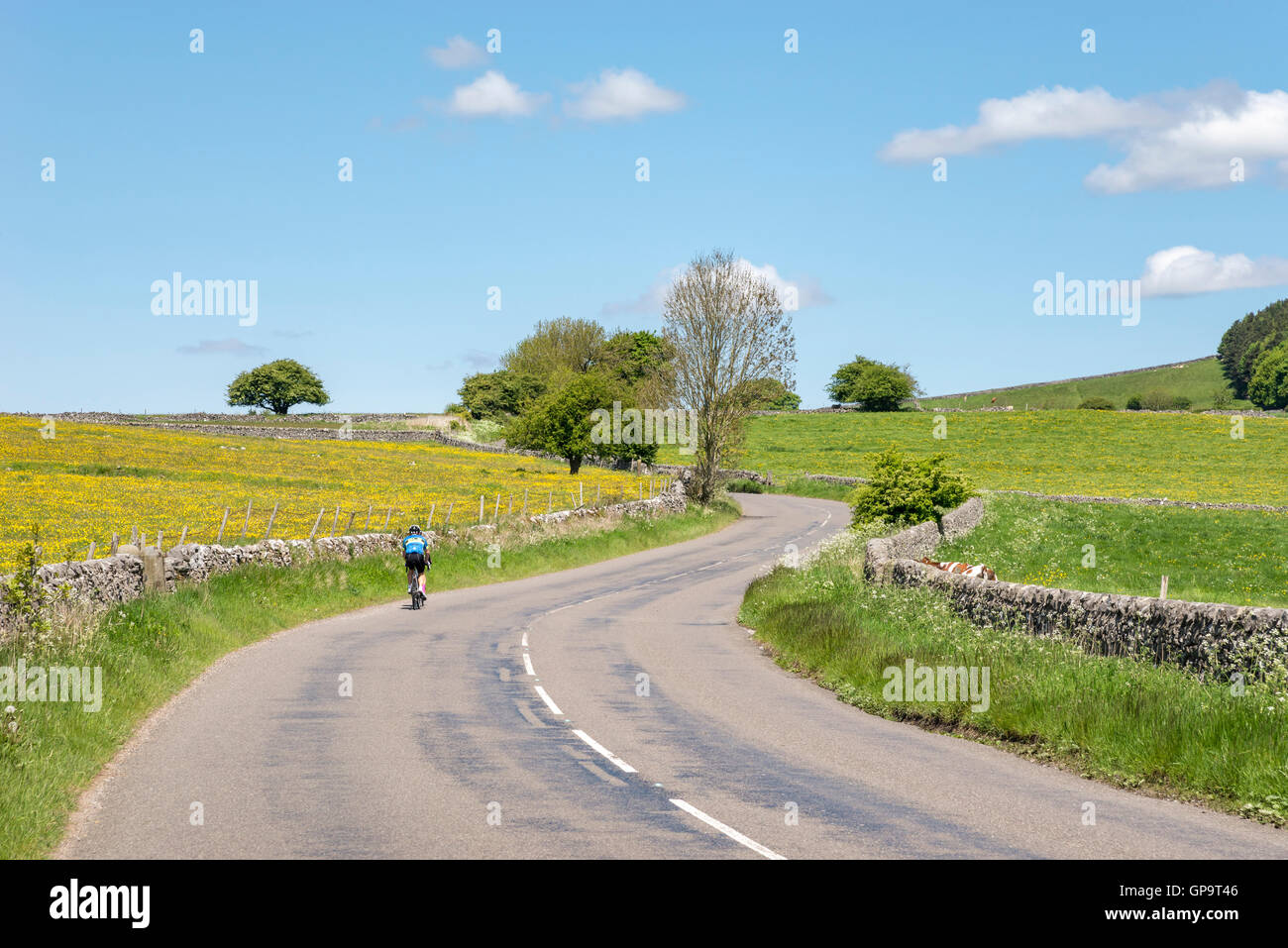 Ciclista su strada di un paese su una bella giornata d'estate nella campagna inglese. Foto Stock