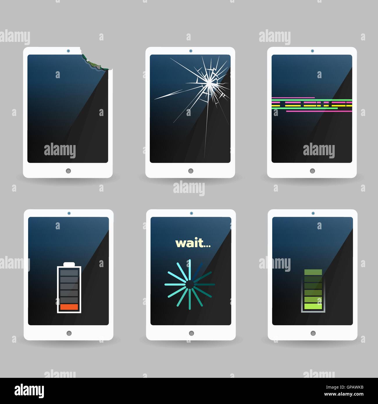 Rotto con i telefoni cellulari con il problema. Schermo incrinato, danneggiato telefoni, problema software e weaked batteria. Illustrazione Vettoriale. Illustrazione Vettoriale
