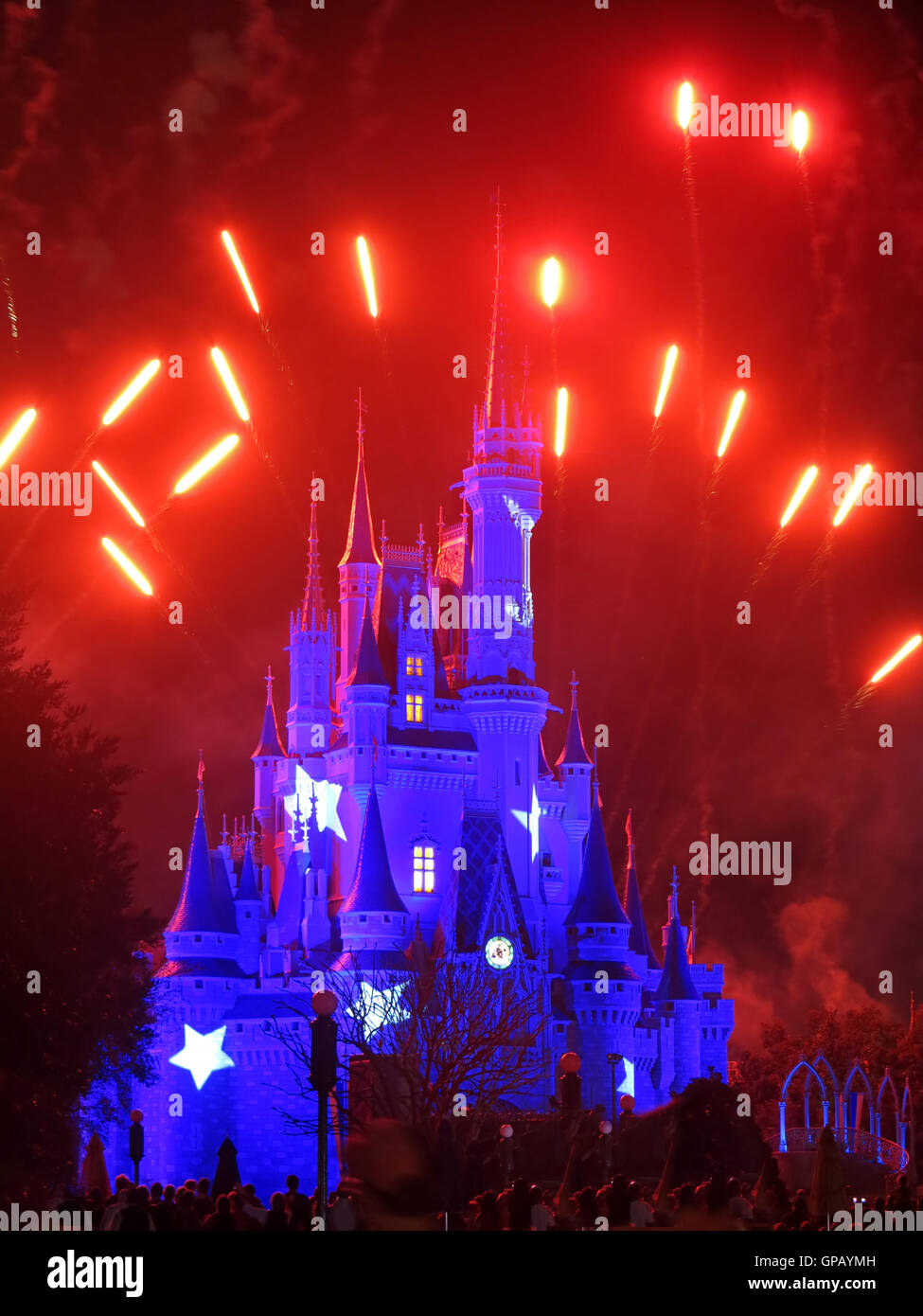 Orlando, Florida. Febbraio 19th, 2013. Il Walt Disney World Cenerentola Castello nel Magic Kingdom illuminato e con fuochi d'artificio Foto Stock