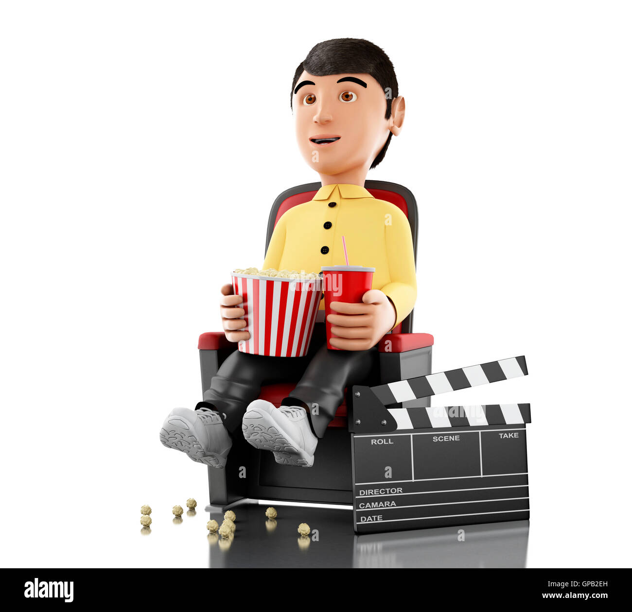 3d'illustrazione. L uomo nel cinema e mangiare popcorn. Isolato sullo sfondo bianco. Foto Stock
