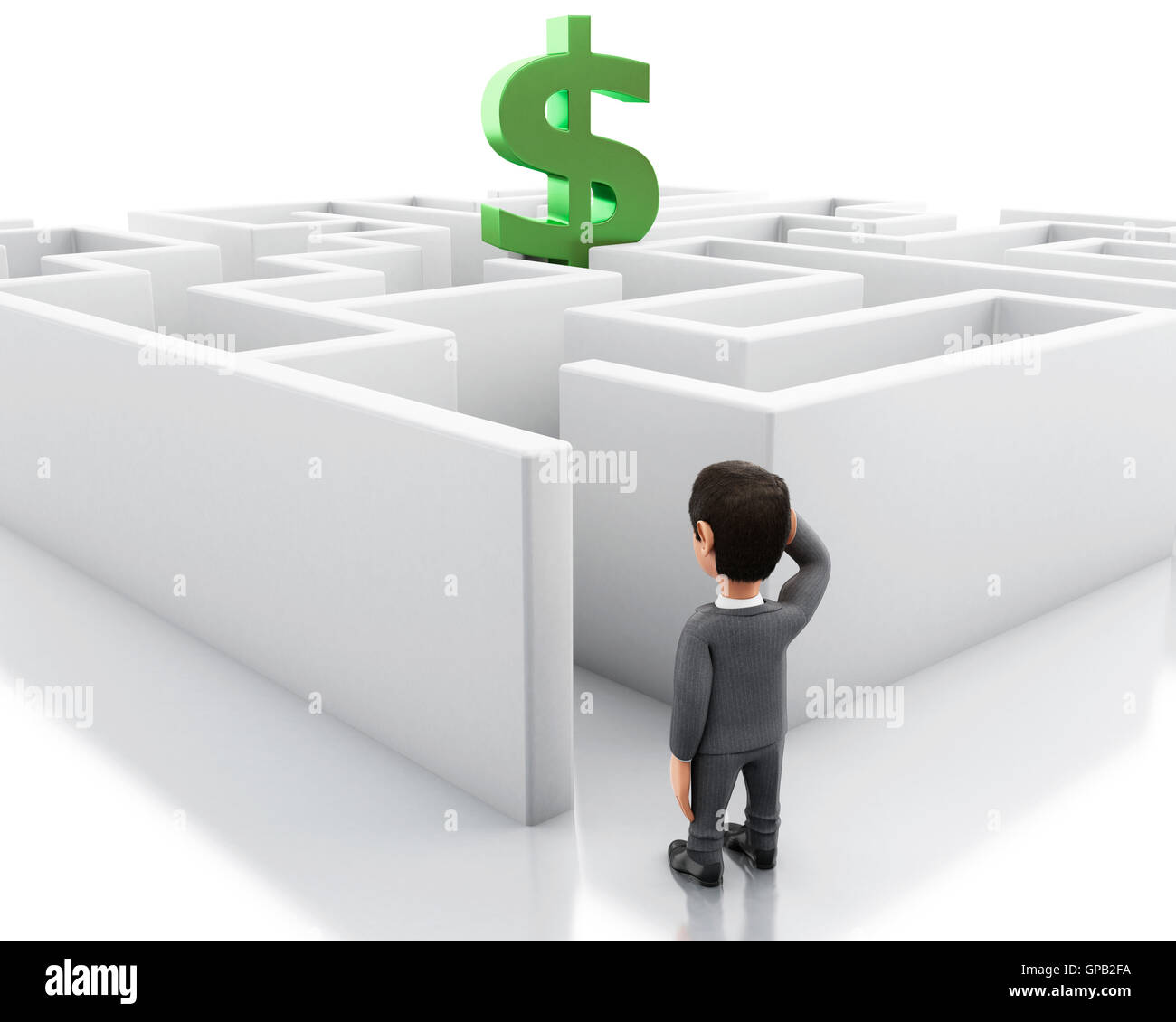 3d'illustrazione. Imprenditore con un labirinto e il segno del dollaro. Business di successo e di sfida. Isolato sullo sfondo bianco. Foto Stock