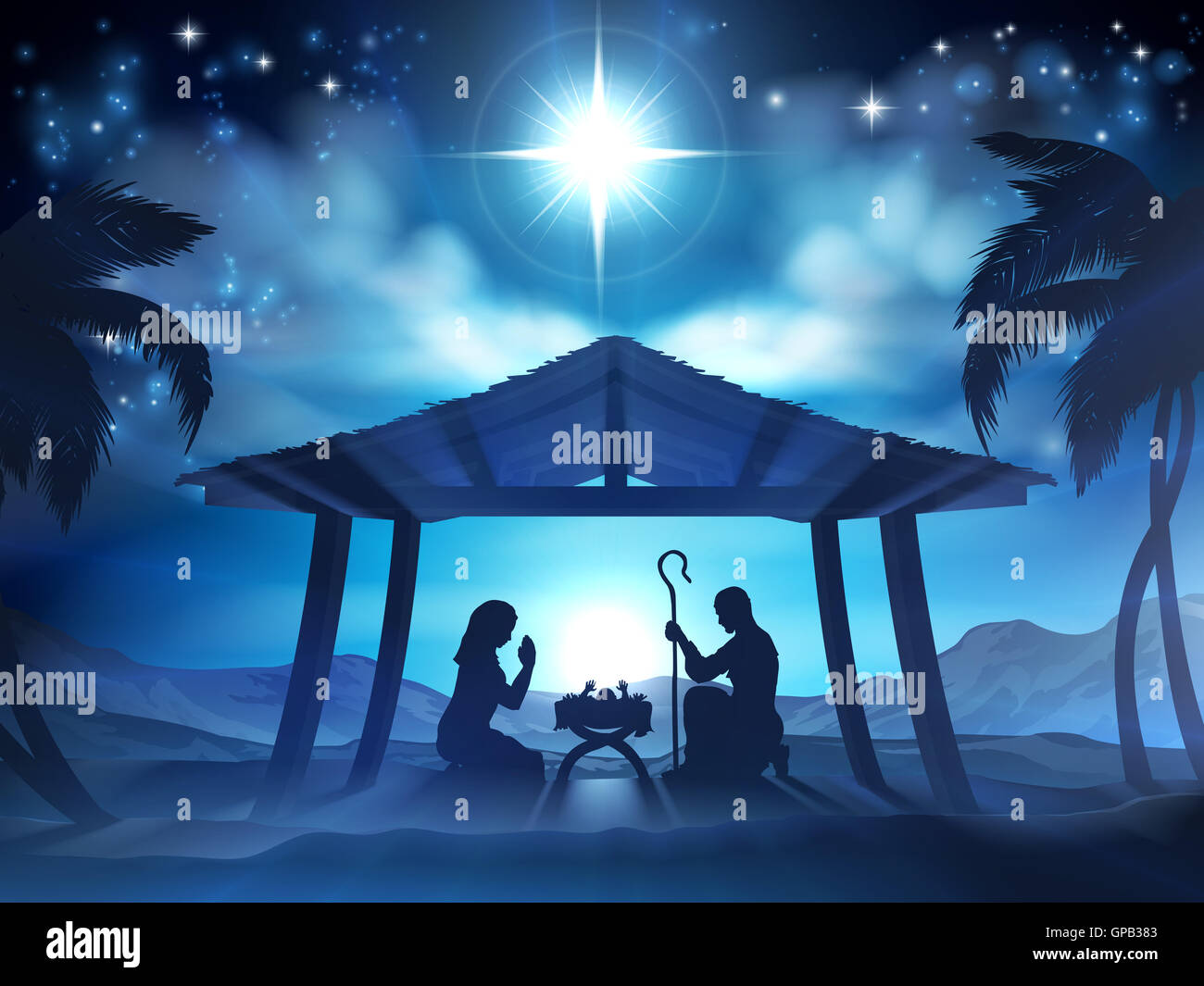 Presepe del Bambino Gesù nella mangiatoia con Maria e Giuseppe in silhouette Foto Stock