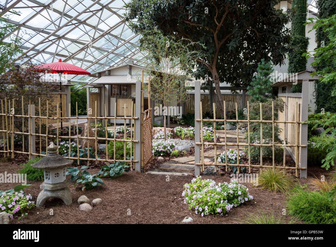 Fort Wayne, Indiana - un giardino giapponese del tè presentano al Foellinger-Freimann Conservatorio Botanico. Foto Stock