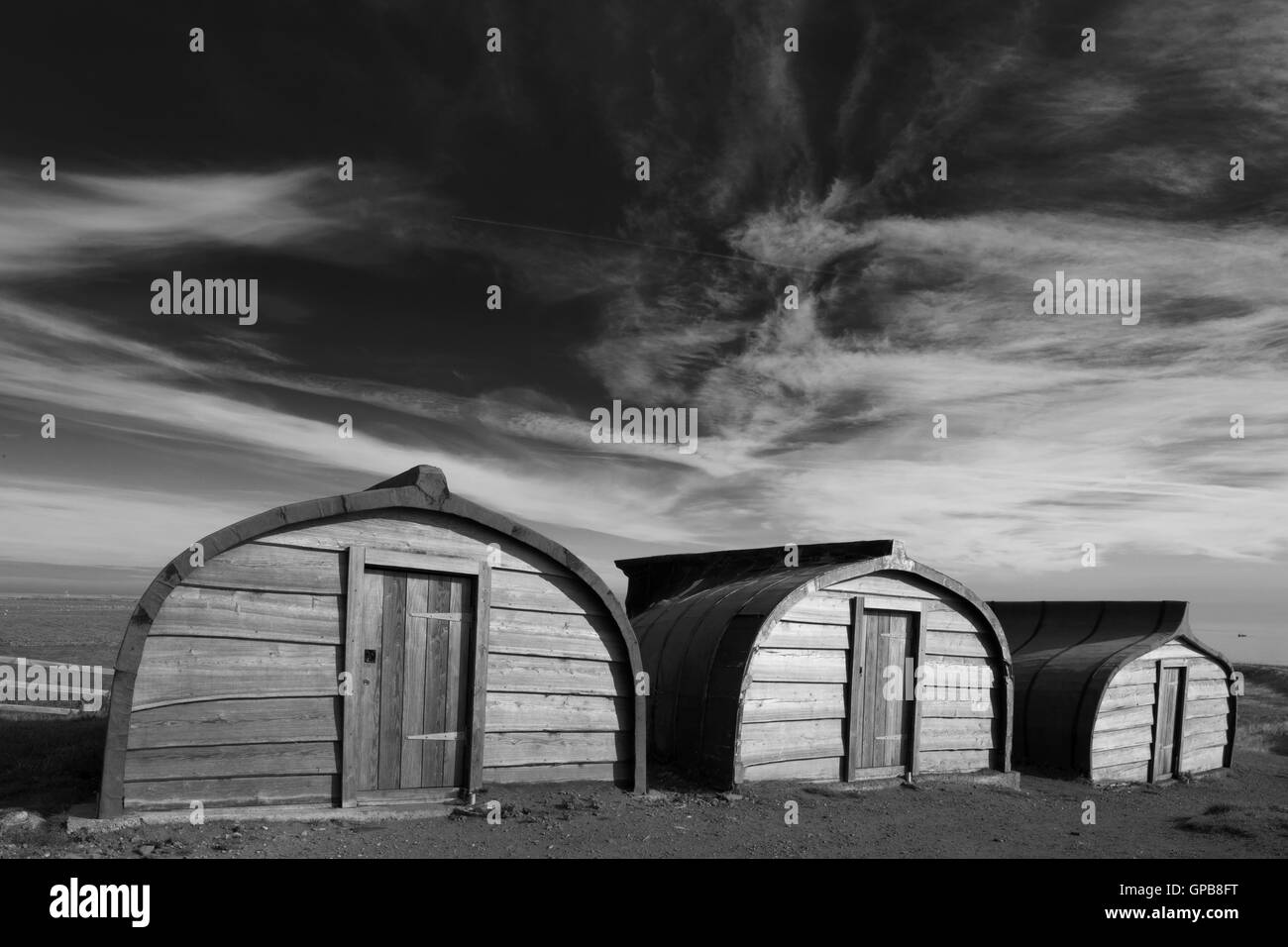 Capovolti barche usate per la memorizzazione sull Isola Santa di Lindisfarne, Northumberland, North East England, Regno Unito Foto Stock