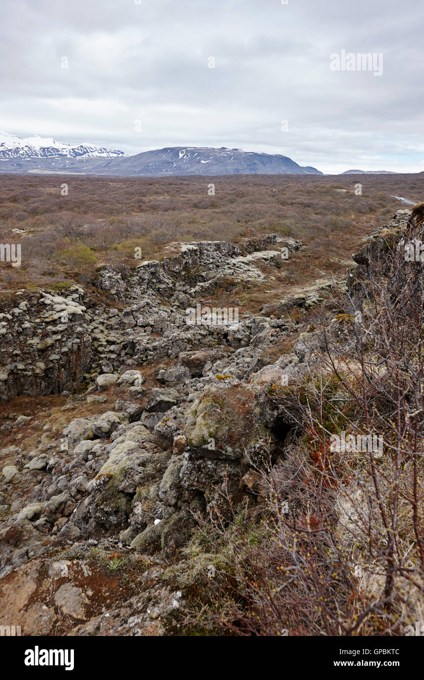 Fessure nelle placche continentali a Thingvellir parco nazionale di Islanda Foto Stock